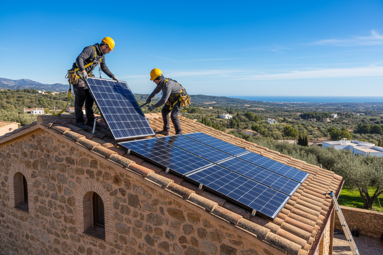 dos chicos instalando placas solares en el tejado de una casa mallorquina en un dia soleado, que tengan proteccion 
