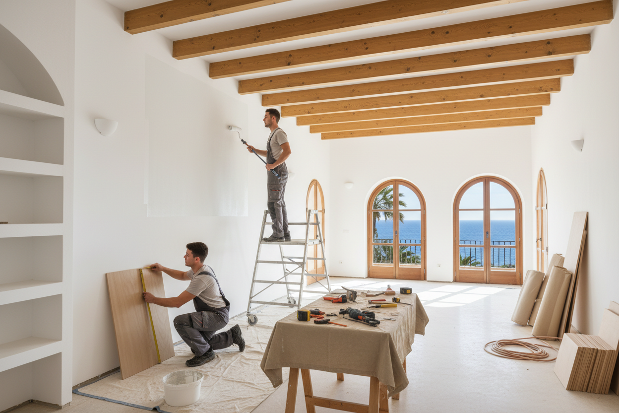 dos chicos trabajando en un salon de un piso en palma de mallorca bien iluminado 
