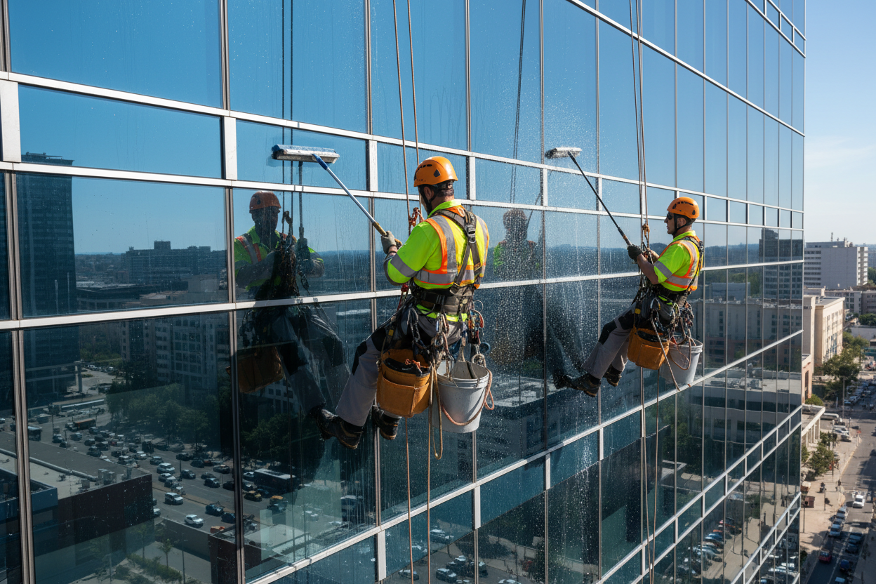 dos hombres haciendo limpieza en un trabajo vertical con arneses y cascos y proteccion