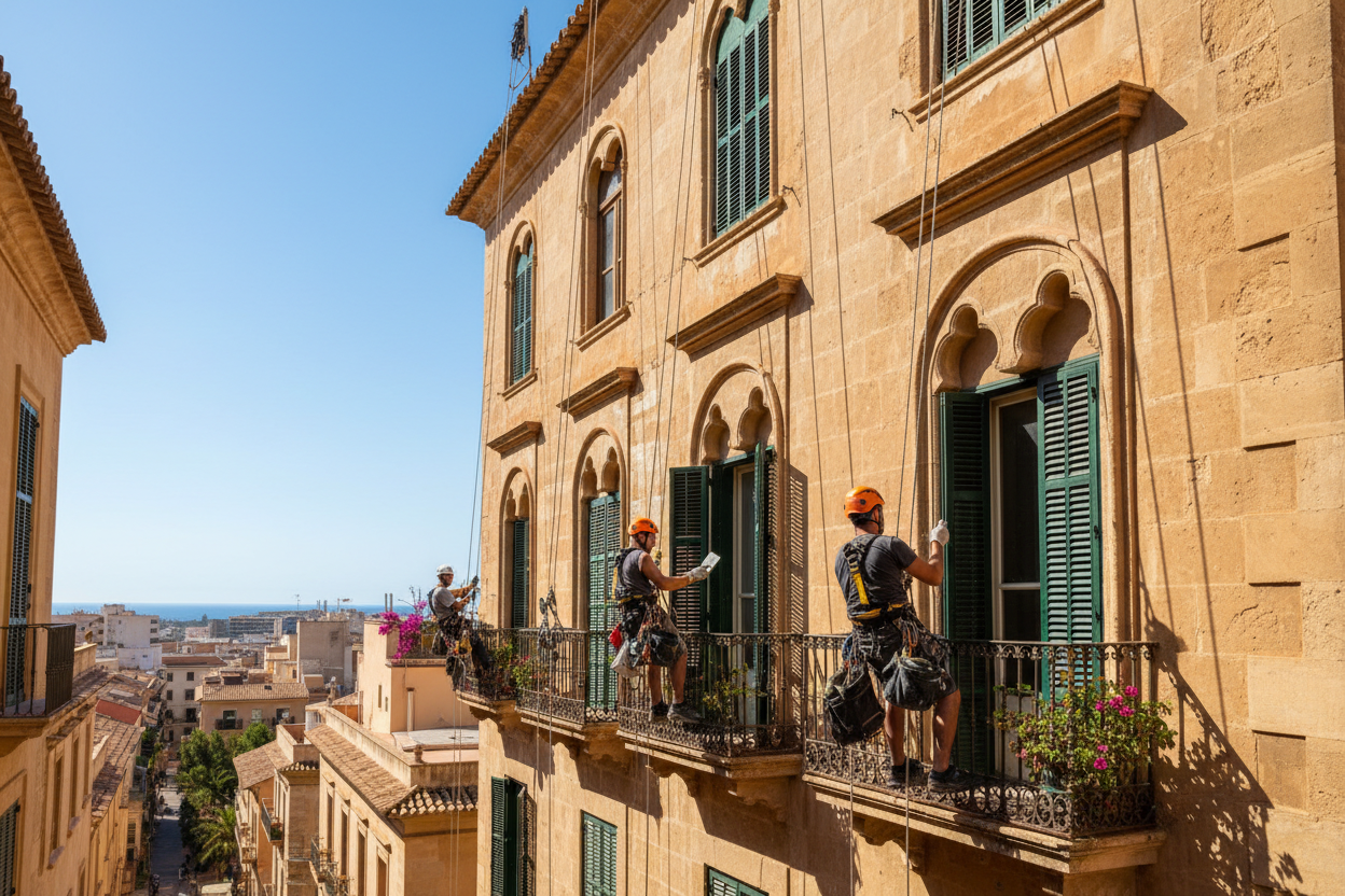 tres chicos haciendo una rehabilitacion de un edificio de palma de mallorca en un trabajo vertical protegidos con cascos y arneses