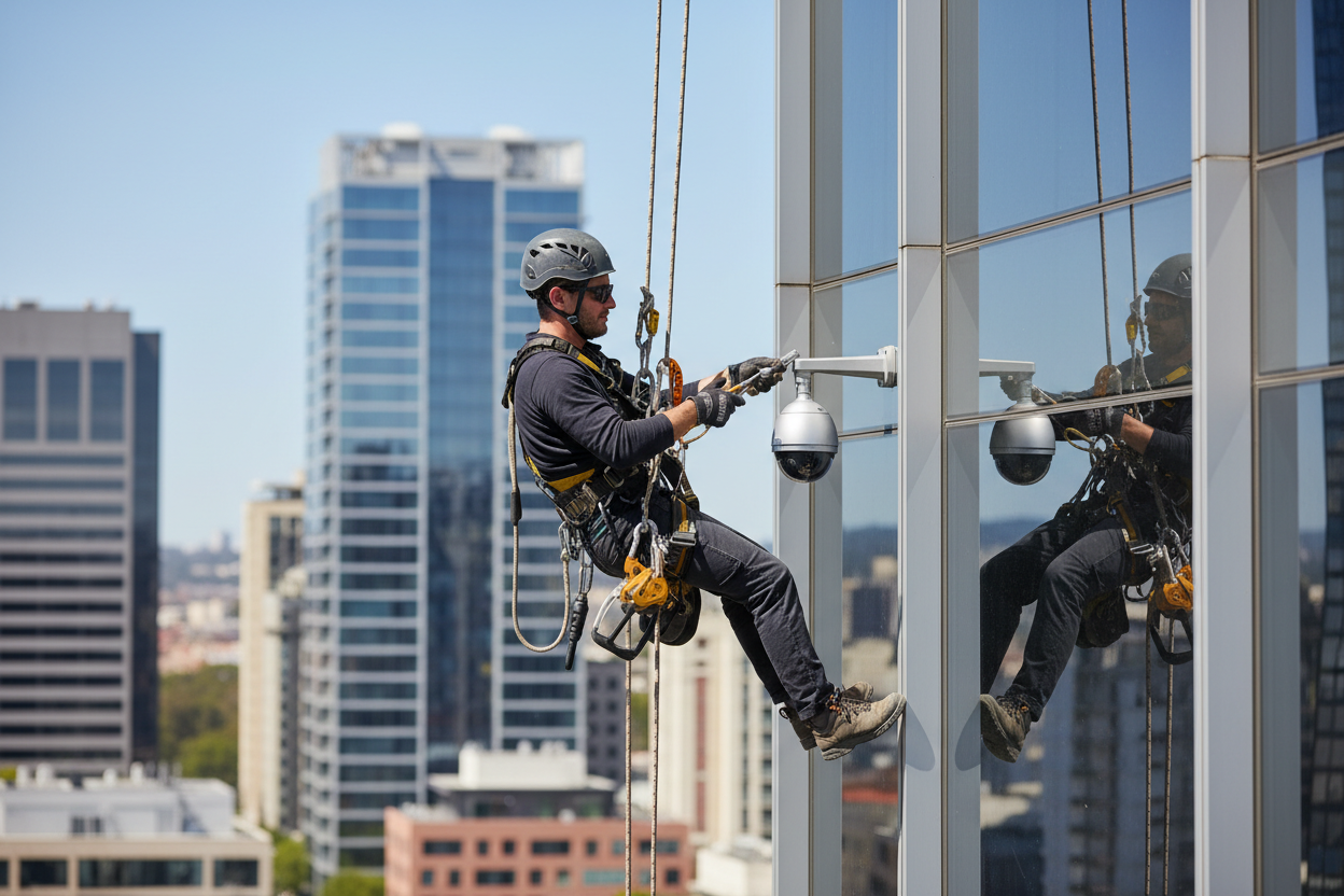 un chico haciendo un trabajo vertical  con arneses y proteccion instalando sistema de seguridad tipo camara de vigilancia en un edificio