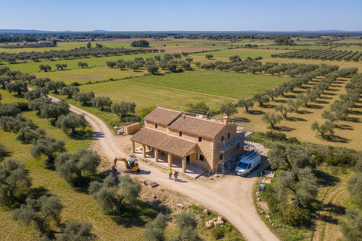un equipo de construccion trabajando en una casa mallorquina con mucho campo y terreno, con una furgoneta aparcada y que se vea en vista de dron desde arriba