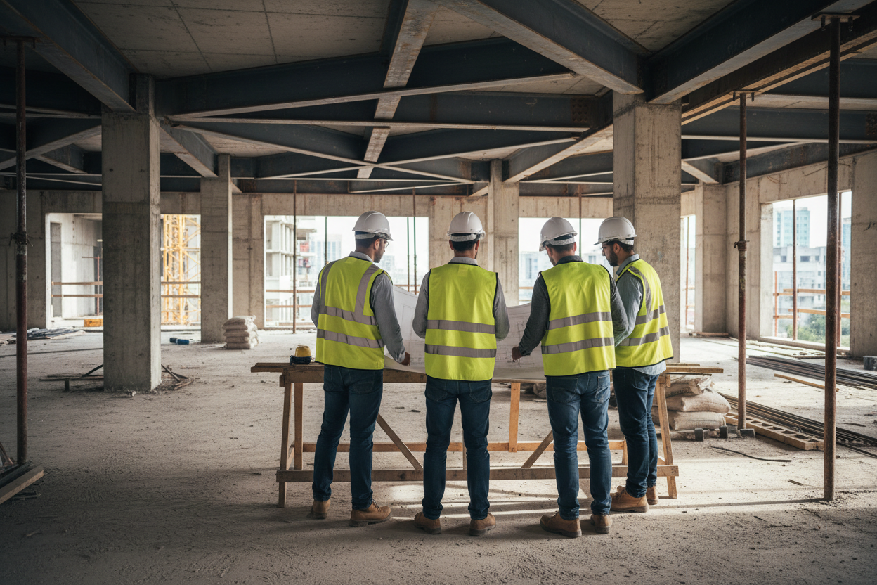 un grupo de aparejadores y arquitectos en una obra mirando una obra de un edificio que se esta contruyendo, que esten en una de las plantas, y que lleven proteccion y cascos, y que esten mirando unos planos pero que esten de espaldas